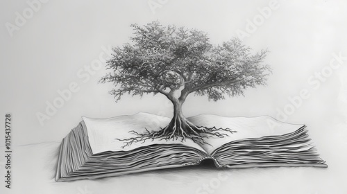 Obraz na płótnie A grayscale drawing of a tree with roots spreading through the pages of an open book. The surreal illustration combines nature and knowledge, suggesting a deep connection between learning and growth. w salonie