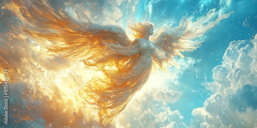 Angel soaring through sunset clouds, serene, wings outstretched in ethereal glow photo