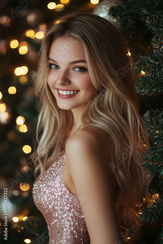 Beautiful smiling girl in sparkling evening dress near Christmas tree