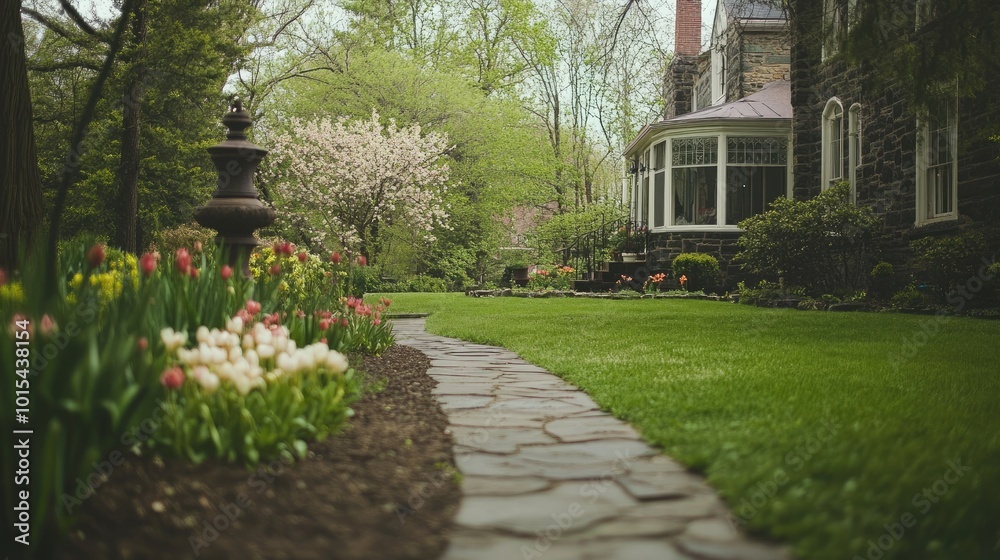 Obraz premium A serene front yard with a stone walkway, blooming flowers, and tall trees in the background. The yard is empty, with no people present