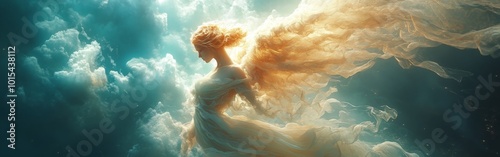 Angel soaring through sunset clouds, serene, wings outstretched in ethereal glow photo