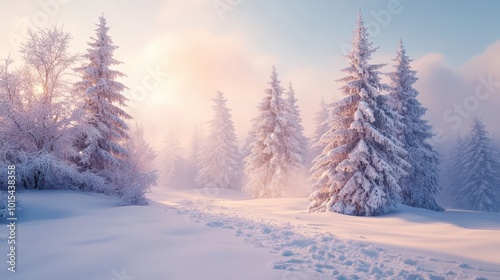 Winter Background with a Beautiful Snow Covered Trees. Enchanting Christmas Scene.