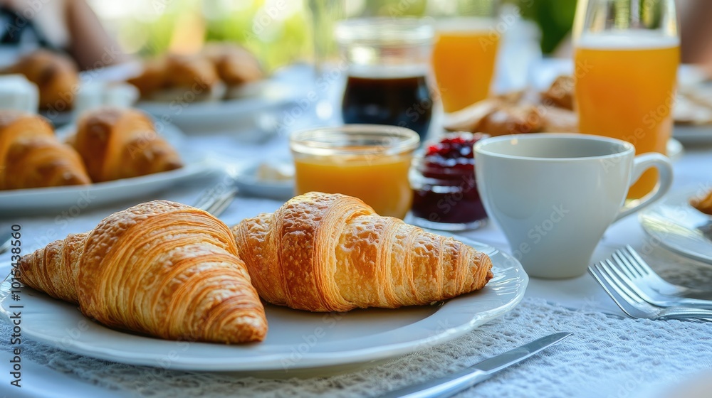 A traditional European breakfast of croissants, jam, and coffee, beautifully presented on a table. No one is eating - A traditional European breakfast of croissants, jam, and coffee, beautifully presented on a table. No one is eating -