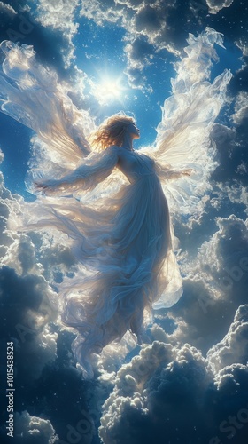 Angel soaring through sunset clouds, serene, wings outstretched in ethereal glow photo