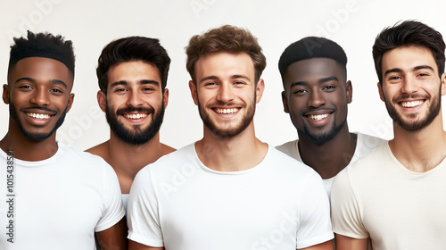 Group of diverse young men smiling in white t-shirts against neutral background