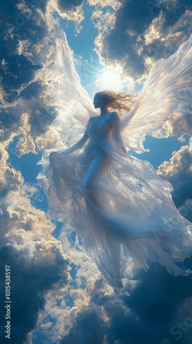 Angel soaring through sunset clouds, serene, wings outstretched in ethereal glow photo