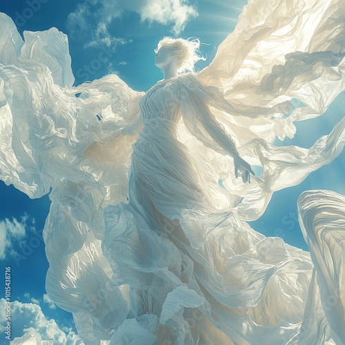 Angel soaring through sunset clouds, serene, wings outstretched in ethereal glow photo