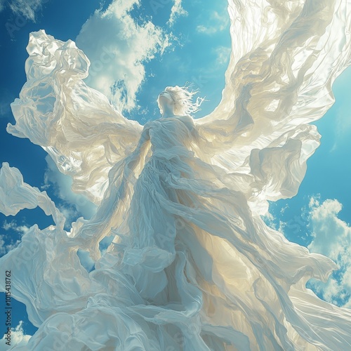 Angel soaring through sunset clouds, serene, wings outstretched in ethereal glow