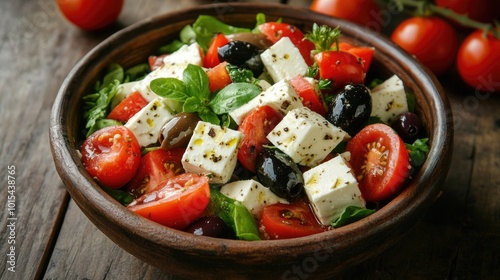 A traditional Greek salad with feta, olives, and tomatoes, served in a rustic bowl on a wooden table. The scene is quiet, with no one eating