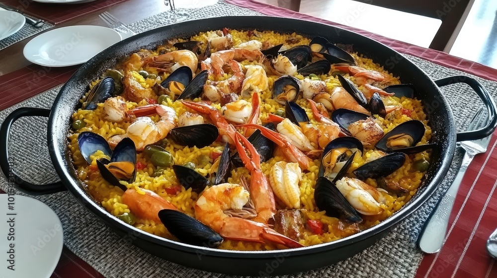 A traditional Spanish paella dish with seafood and saffron rice, served in a large pan. The table is empty, with no one around