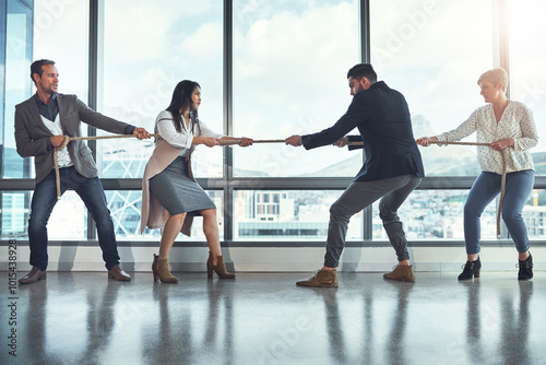 Εκτύπωση καμβά Tug of war, business and people in office for battle, rivalry and healthy competition for growth