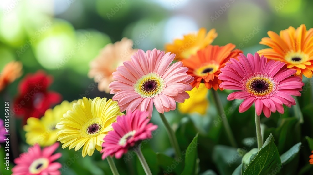 A vibrant cluster of multicolored gerbera daisies in full bloom, with bright orange, pink, yellow, and red petals, against a green garden background