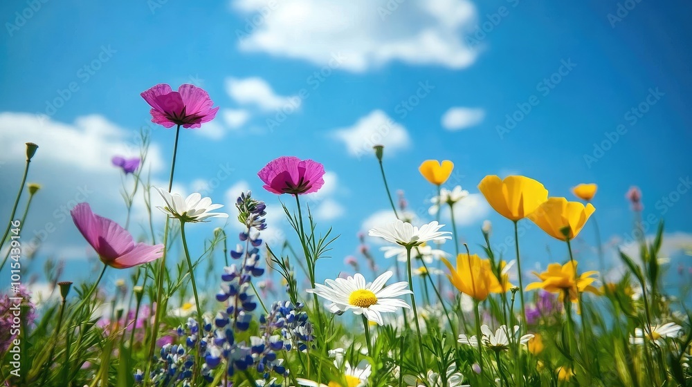 A vibrant field of wildflowers in various colors, including daisies, poppies, and lupines, blooming in a meadow under a bright summer sky A vibrant field of wildflowers in various colors, including daisies, poppies, and lupines, blooming in a meadow under a bright summer sky