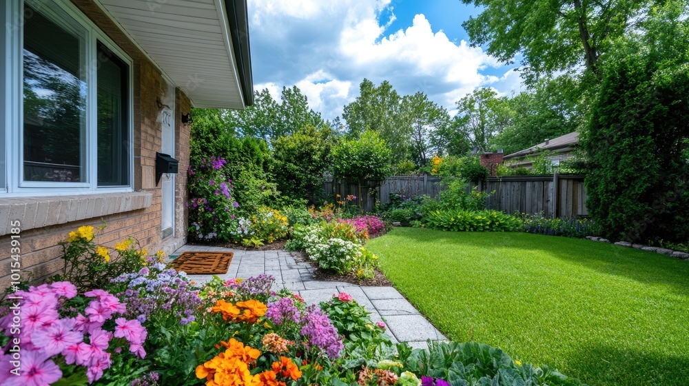 Naklejka premium A well-manicured front yard with colorful garden flowers, a neat lawn, and a welcome mat at the doorstep. The yard is peaceful and empty