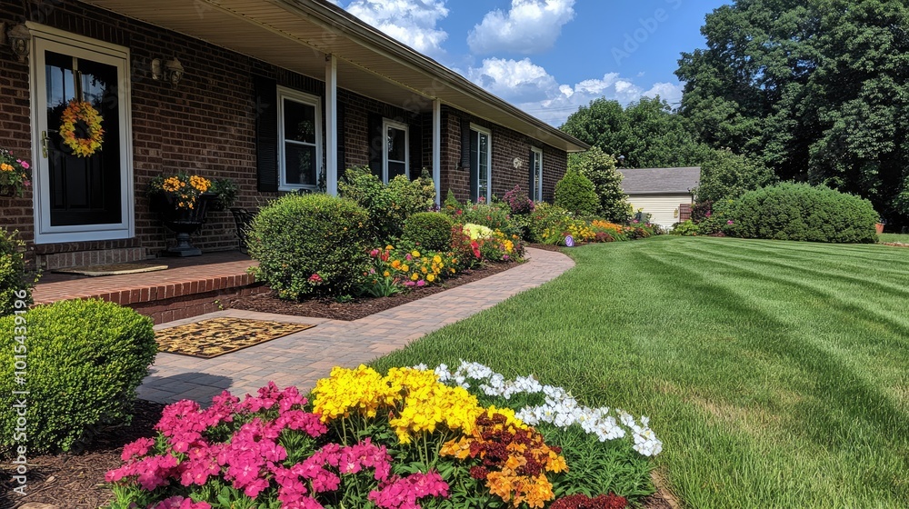 A well-manicured front yard with colorful garden flowers, a neat lawn, and a welcome mat at the doorstep. The yard is peaceful and empty A well-manicured front yard with colorful garden flowers, a neat lawn, and a welcome mat at the doorstep. The yard is peaceful and empty