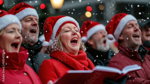 Group of adults singing Christmas carols outdoors in the snow, wearing Santa hats