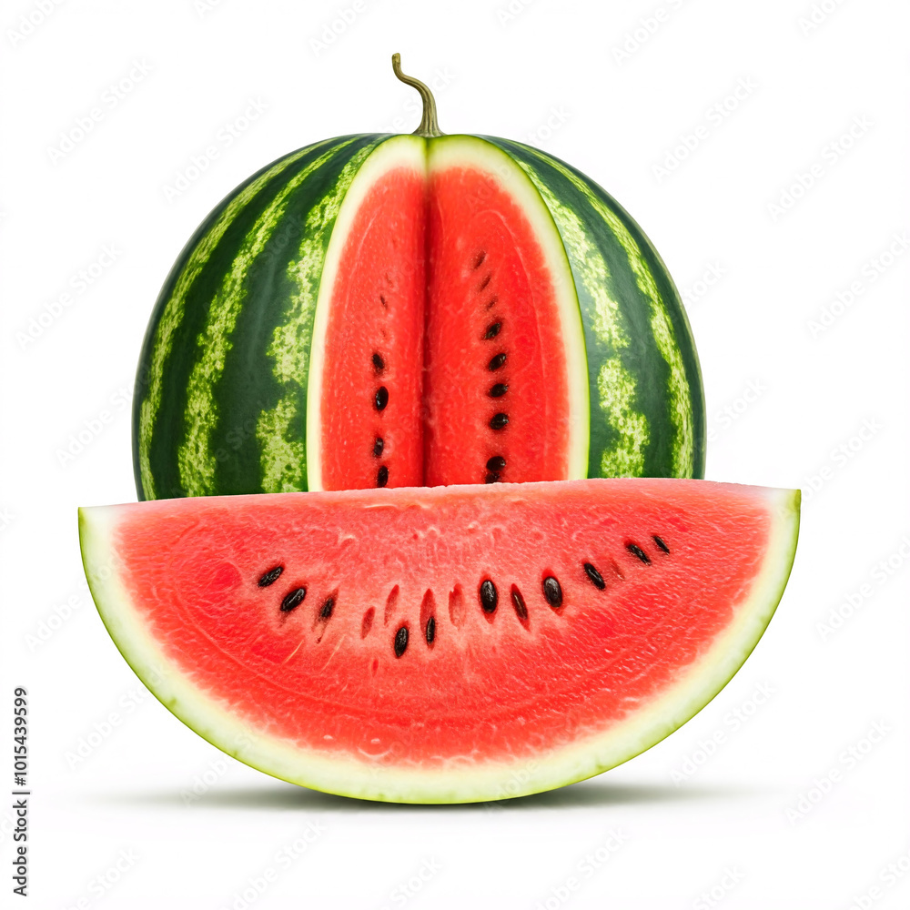 A whole watermelon and two slices, showing the red flesh and black seeds, on a white background A whole watermelon and two slices, showing the red flesh and black seeds, on a white background