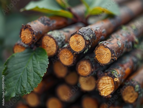 Close Up of Stacked Tree Branches with Green Leaf