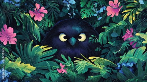   A black bird perched amidst a lush green forest, surrounded by vibrant pink and blue blossoms, with its eyes fixed on something