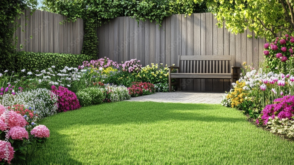 An empty front yard with a garden bench, flower beds in full bloom, and a wooden fence in the background. No one is outside An empty front yard with a garden bench, flower beds in full bloom, and a wooden fence in the background. No one is outside