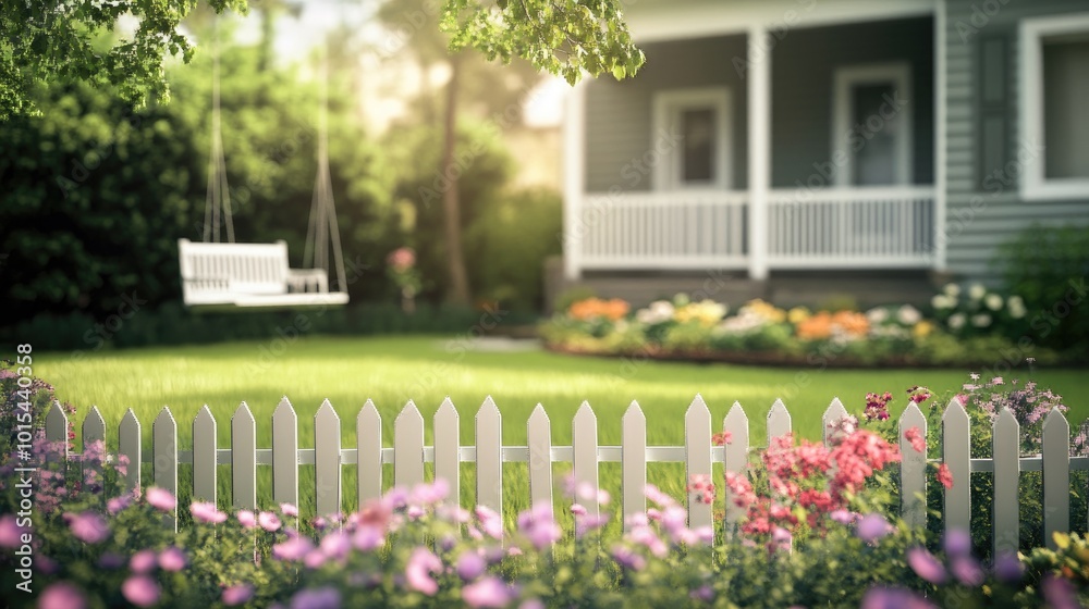 An empty front yard with a picket fence, a swing on the porch, and a garden with colorful flowers. The space is peaceful and void of people An empty front yard with a picket fence, a swing on the porch, and a garden with colorful flowers. The space is peaceful and void of people