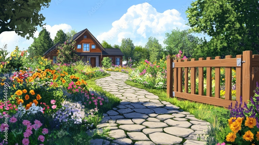 Fototapeta premium An empty front yard with a wooden gate, colorful garden flowers, and a stone pathway leading to the house under a clear sky