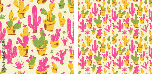 Desert Western Cactus Boho Retro Cowboy Botanical Textile Seamless Pattern Vector Illustration 
