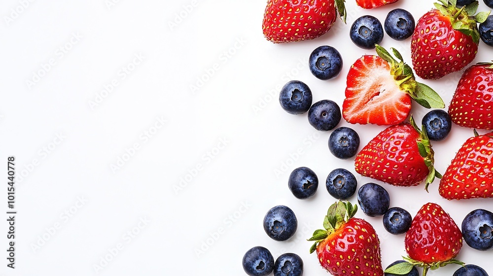 Strawberries and blueberries arranged on a white surface with a white space in between Strawberries and blueberries arranged on a white surface with a white space in between