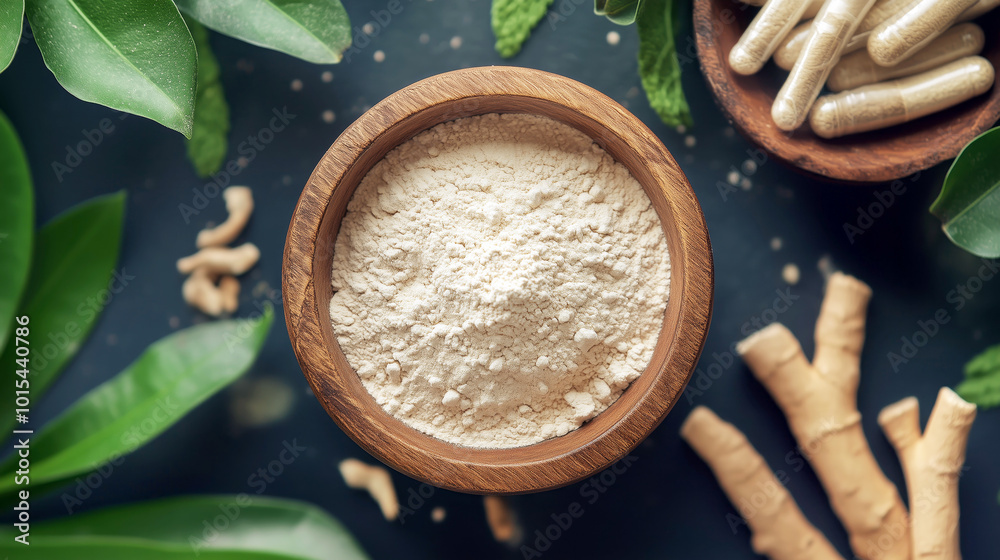 Organic herbal Ashwagandha / Aswaganda supplements: natural powder and capsules with ginseng on rustic table Organic herbal Ashwagandha / Aswaganda supplements: natural powder and capsules with ginseng on rustic table