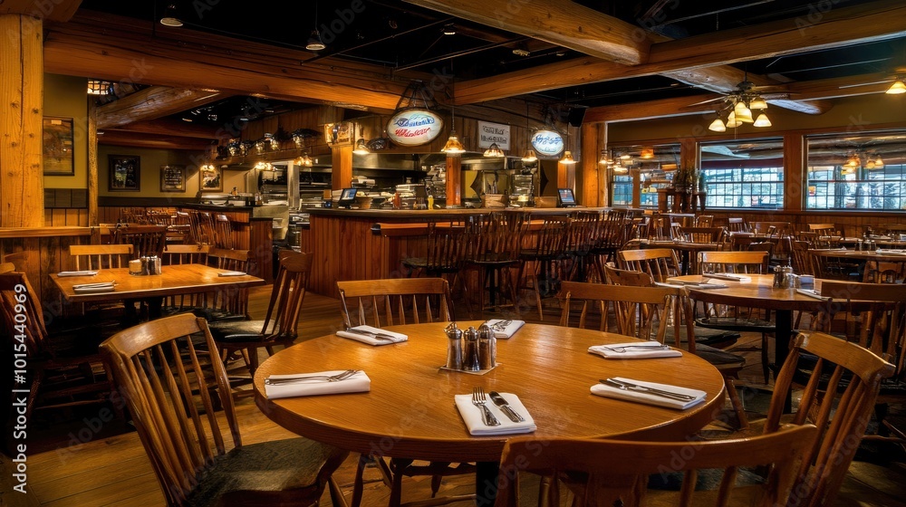 An empty Western food restaurant with wooden tables, elegant silverware, and plates of gourmet dishes. The atmosphere is quiet, with no people present An empty Western food restaurant with wooden tables, elegant silverware, and plates of gourmet dishes. The atmosphere is quiet, with no people present