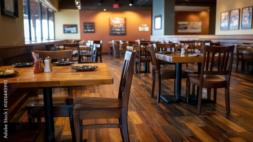 An empty Western food restaurant with wooden tables, elegant silverware, and plates of gourmet dishes. The atmosphere is quiet, with no people present An empty Western food restaurant with wooden tables, elegant silverware, and plates of gourmet dishes. The atmosphere is quiet, with no people present