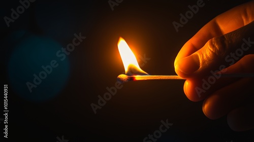 Close up of a burning matchstick held by a hand in a dark room.