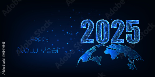 Futuristic 2025 New Year landing page template with 2025 digits and planet Earth on blue background.