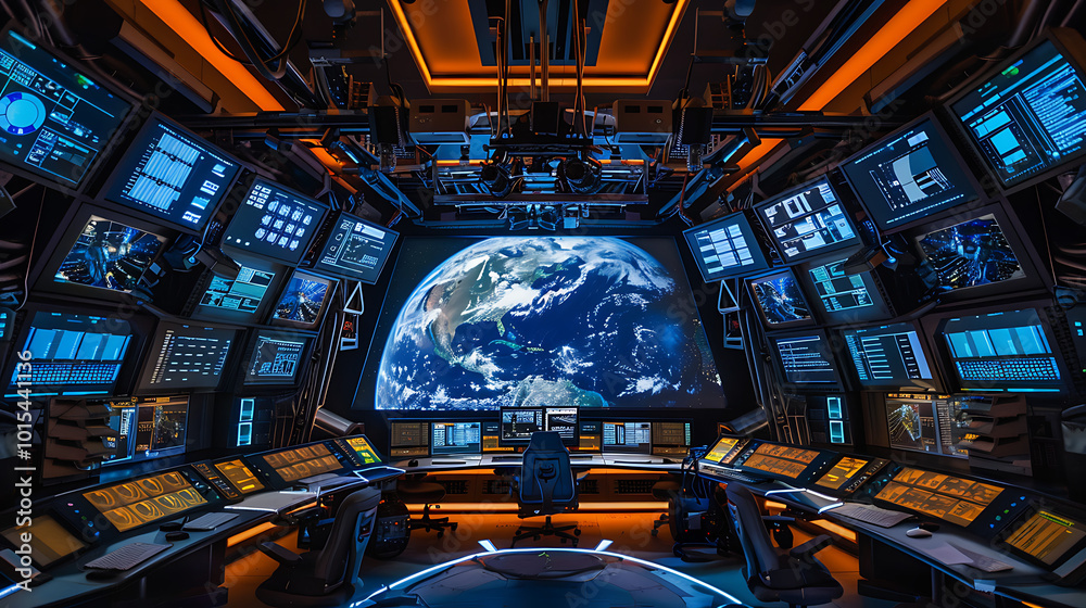a high-tech control room or studio with a futuristic design. The room features a large central screen displaying a view of Earth from space a high-tech control room or studio with a futuristic design. The room features a large central screen displaying a view of Earth from space