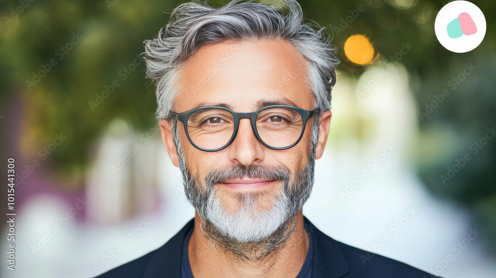 A portrait of a middle-aged man with graying hair and a beard, wearing glasses and smiling. A portrait of a middle-aged man with graying hair and a beard, wearing glasses and smiling.