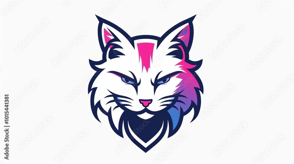Stylized cat head logo with vibrant blue and pink colors. Stylized cat head logo with vibrant blue and pink colors.
