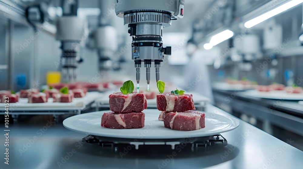 Sophisticated robots in a cleanroom factory, using 3D lasers to inspect food textures for inconsistencies, futuristic technology at work Sophisticated robots in a cleanroom factory, using 3D lasers to inspect food textures for inconsistencies, futuristic technology at work