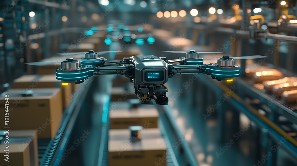 AI drones zooming over food assembly lines, scanning products with laser precision, holographic screens showing data, Industrial Sci-fi, Chrome and Neon Blue AI drones zooming over food assembly lines, scanning products with laser precision, holographic screens showing data, Industrial Sci-fi, Chrome and Neon Blue