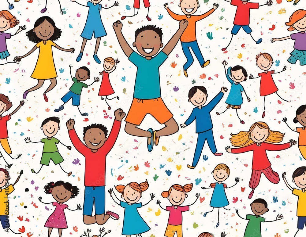 Group of cheerful children jumping joyfully while holding hands in a vibrant, colorful setting Group of cheerful children jumping joyfully while holding hands in a vibrant, colorful setting