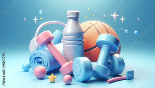 3d sports equipment, dumbbells, plastic bottle. the concept of a healthy lifestyle, sports and fitness.free space for text 1 (1)
