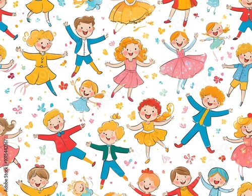Group of cheerful children jumping joyfully while holding hands in a vibrant, colorful setting