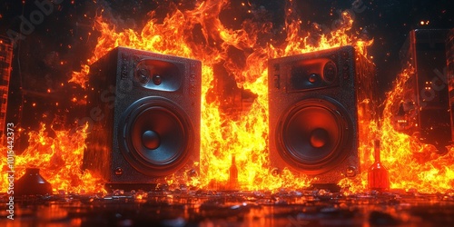 Burning speakers with flames and smoke in a dramatic, energetic scene