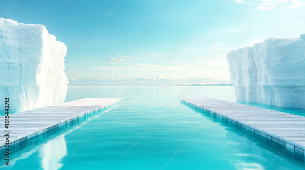 Two wooden walkways lead to a vast expanse of icy blue water, framed by towering white icebergs. Two wooden walkways lead to a vast expanse of icy blue water, framed by towering white icebergs.