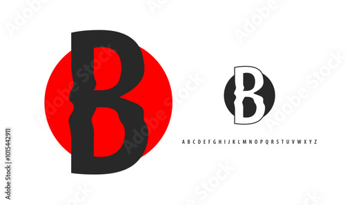 Letter B silhouette on red sun, twisting alphabet. Japanese logo for sushi roll restaurant logo, asian cultural event logotype. Vector logo and typeset