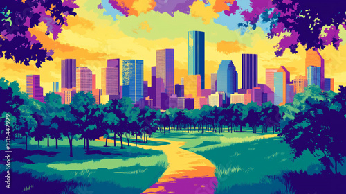 Vibrant Houston skyline with colorful park pathway