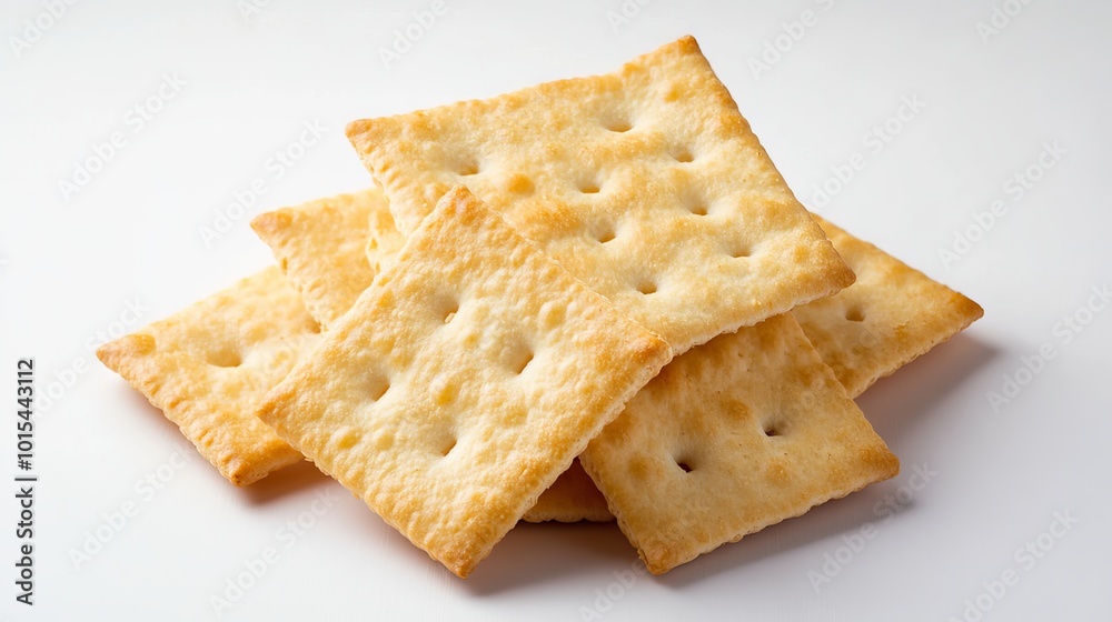 Dull, square soda crackers rest upon a white backdrop, isolated in sharp detail. Their diagonal arrangement enhances their geometric form, accentuating their crisp and dry texture. These crackers Dull, square soda crackers rest upon a white backdrop, isolated in sharp detail. Their diagonal arrangement enhances their geometric form, accentuating their crisp and dry texture. These crackers