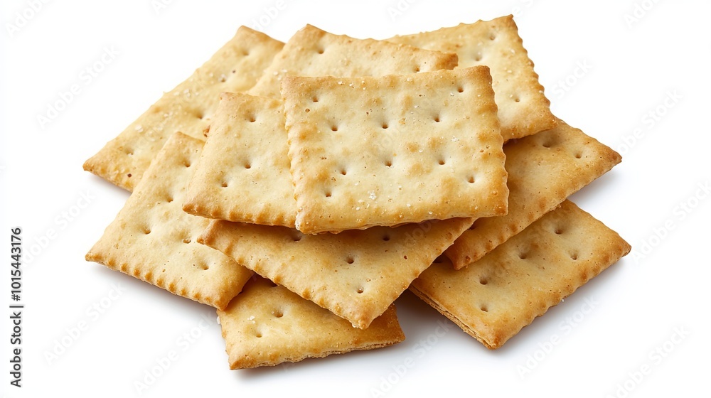 Dull, square soda crackers rest upon a white backdrop, isolated in sharp detail. Their diagonal arrangement enhances their geometric form, accentuating their crisp and dry texture. These crackers Dull, square soda crackers rest upon a white backdrop, isolated in sharp detail. Their diagonal arrangement enhances their geometric form, accentuating their crisp and dry texture. These crackers