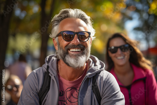 Attractive man in his 50s smiling, wearing sunglasses and sportswear on a sunny day.