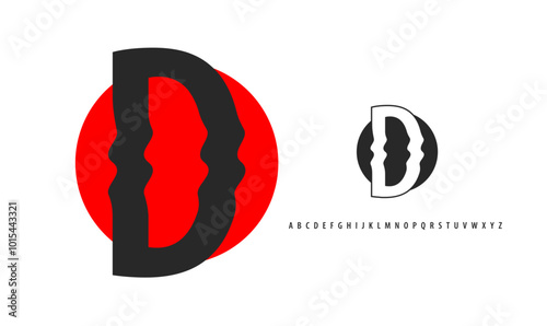 Letter D silhouette on red sun, twisting alphabet. Japanese logo for sushi roll restaurant logo, asian cultural event logotype. Vector logo and typeset