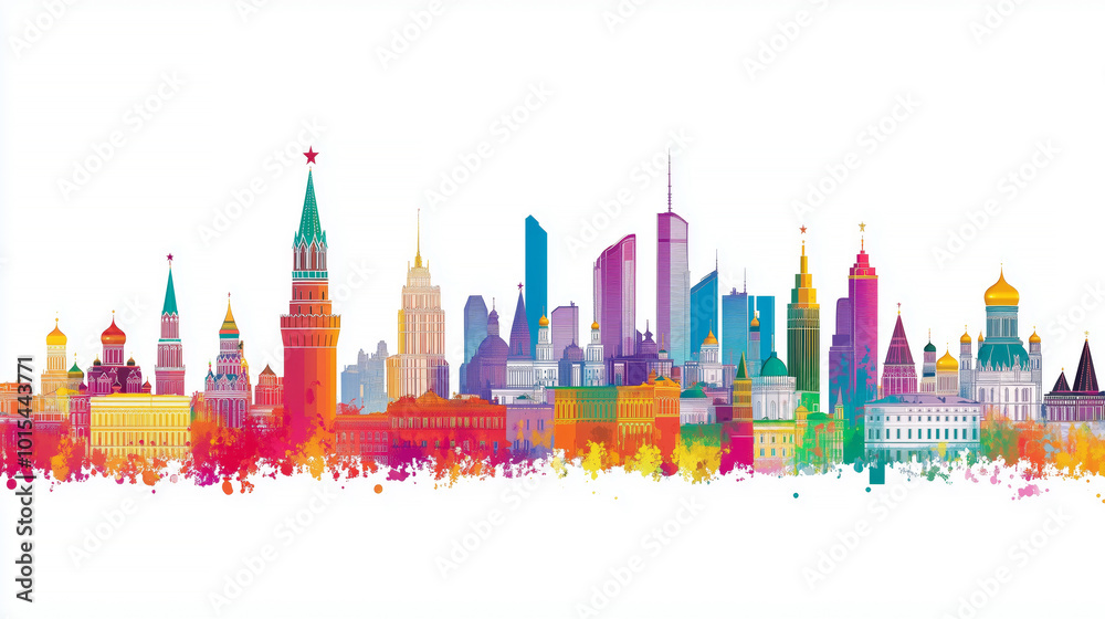 Fototapeta premium Vibrant silhouette of Moscow city skyline with colorful architectural landmarks